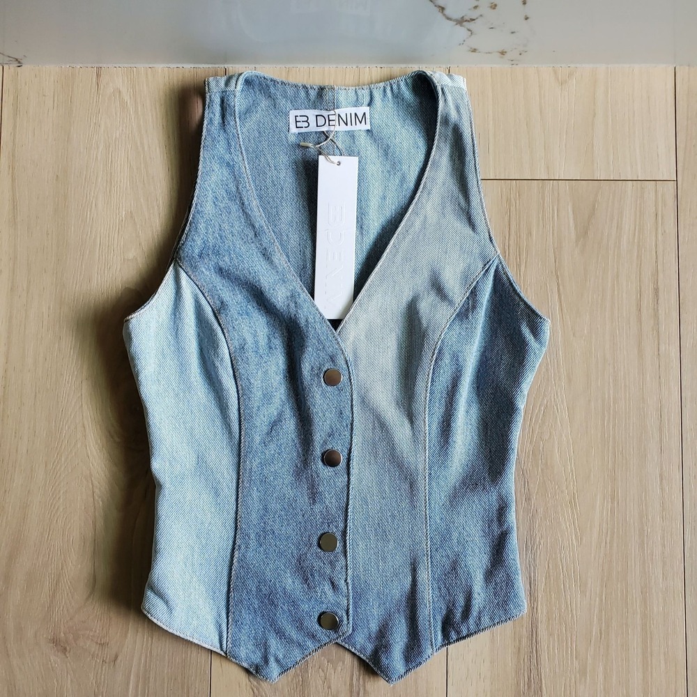 EB Denim Vest Womens S Blue Denim Colorblock Cropped Button Front Made USA